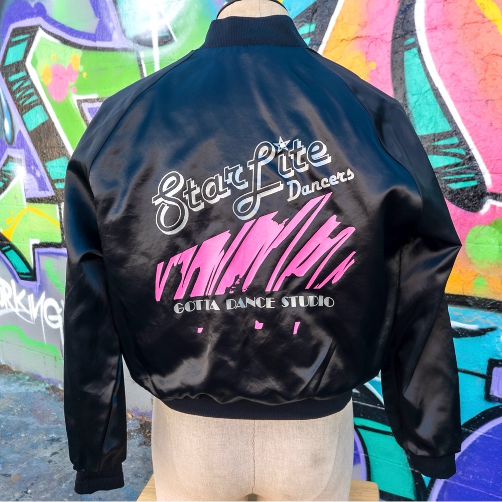 STARLITE DANCERS Vintage Bomber Jacket size Medium | Black and Pink w/ Gemstones